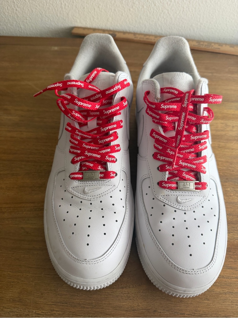 Nike White Sneakers with Red Supreme Laces